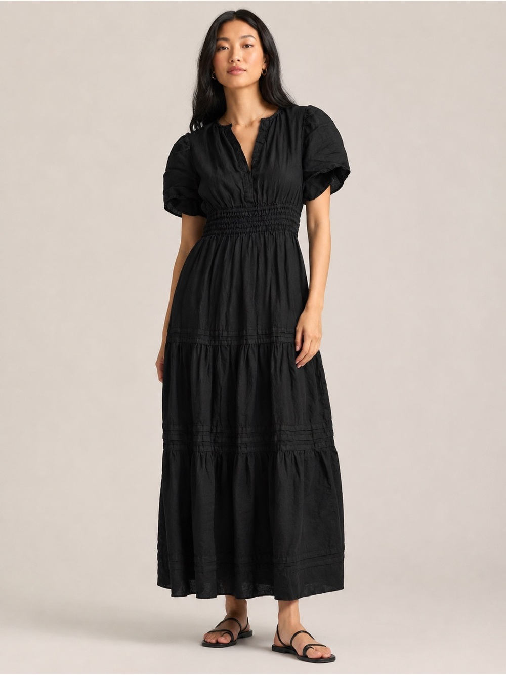 Quince Black 100% Linen Tiered Maxi Dress Puff Sleeve Size M 90s Clean Girl Cozy